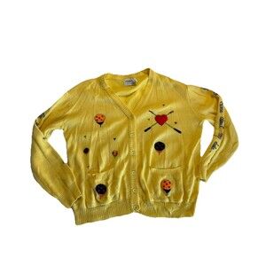 Vintage Women's L La Mode Du Golf Bright Yellow Embroidered Cardigan Sweater